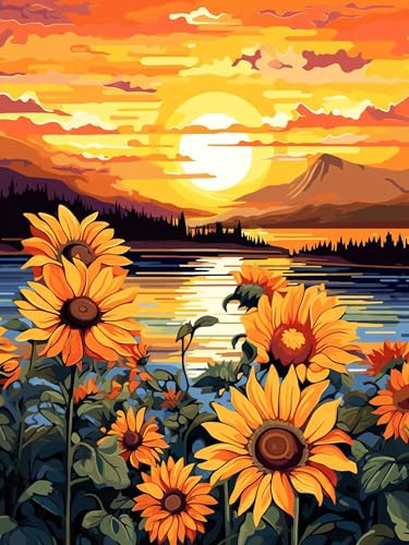 mrpwnle Sonnenblume Malen Nach Zahlen Erwachsene Kits, Landschaft Malen-Nach-Zahlen Erwachsene Sonnenuntergang Paint by Numbers Adult, Ölgemälde Kit für Home Decor 30x40cm von mrpwnle