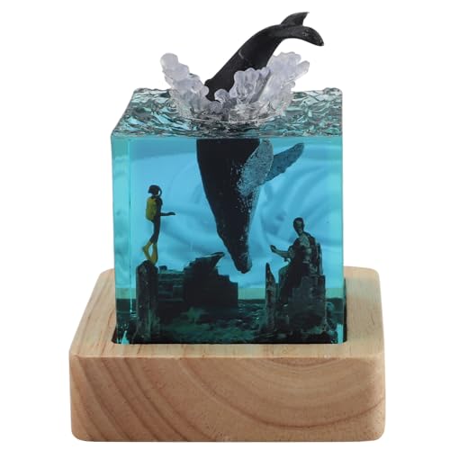 Epoxidharz Nachtlicht,Shark Diver LED Ocean Nachtlicht,Handgemachte Harz Hai Lampe Würfel Dekorative Lampe mit Holzsockel,Tischlampe für Kinderzimmer Geschenke für Kinder (Wal betritt Wasser) von mumisuto