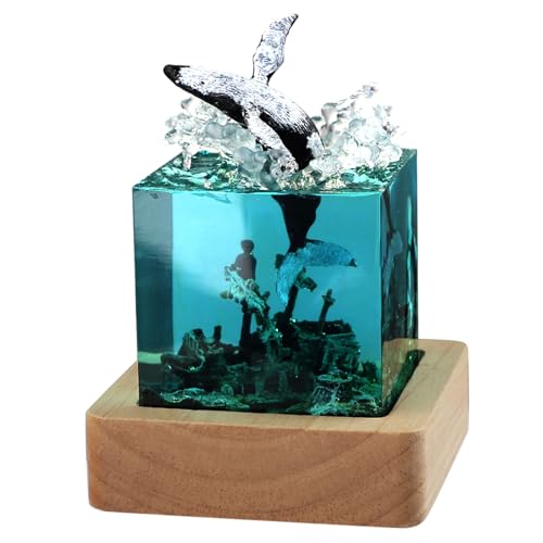 Epoxidharz Nachtlicht,Shark Diver LED Ocean Nachtlicht,Handgemachte Harz Hai Lampe Würfel Dekorative Lampe mit Holzsockel,Tischlampe für Kinderzimmer Geschenke für Kinder (Wal springt ins Wasser) von mumisuto