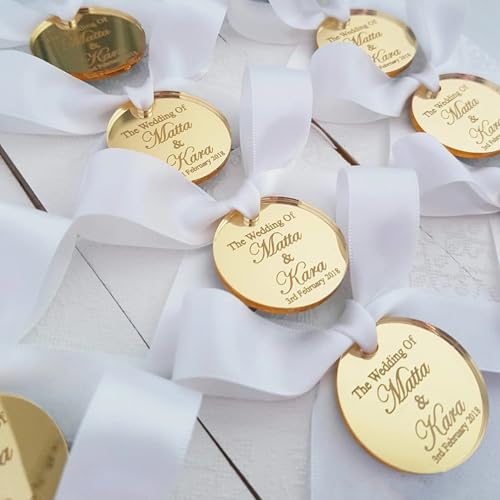 mxn Personalisierbare Acryl-Etiketten mit Spiegel, für Hochzeit, Verlobung, personalisierbar, Namensschild, Taufe, Hochzeit, Baby, Taufe, Spiegel, Dekoration für Geschenke (40 Stück) von mxn