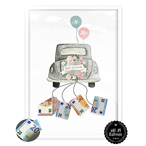 myDreamwork® Geldgeschenk Hochzeit – Besonderes Hochzeitsgeschenk, Hochzeitsgeschenke für Brautpaar | DIN A4 | Verpackung Geldgeschenke Geschenk Bild - Wedding Car Weiß von myDreamwork