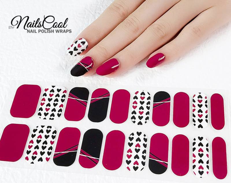 Schwarz & Weinrot Farbe Echte Nagellack Streifen Nailart Wraps Street Art Design Herz Nägel 20 von myNailsCool