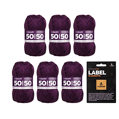 myboshi 50/50 Wolle, Baumwoll-Merino-Mix, hochwertiges Häkelgarn, Strickgarn, inkl. Label, 50% Baumwolle, 50% Wolle (Merino), Ll. 110m/50g, Lila (Brombeere) 6 Knäuel von myboshi