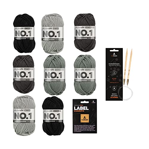 myboshi Dark Knit Hats Wollpaket, Mulesing-freie Mützenwolle, original Label, 8 Knäuel x 50g, Lauflänge 55m, strapazierfähig, filzfrei, Dark Knit Hats 8 Knäuel + 1 Rundstricknadel von myboshi