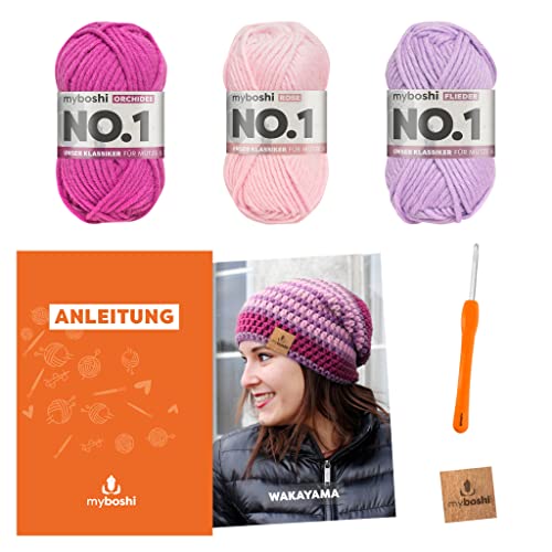 myboshi Häkelset Beanie Wakayama, Häkelset für Anfänger, inkl. No.1 Wolle, Nadel und Anleitung, Label, Häkelpaket für Anfänger, 30% Merinowolle Rosa mit Häkelnadel von myboshi