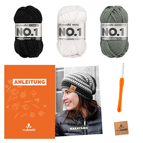 myboshi Häkelset Beanie Wakayama, Häkelset für Anfänger, inkl. No.1 Wolle, Nadel und Anleitung, Label, Häkelpaket für Anfänger, 30% Merinowolle Schwarz mit Häkelnadel von myboshi