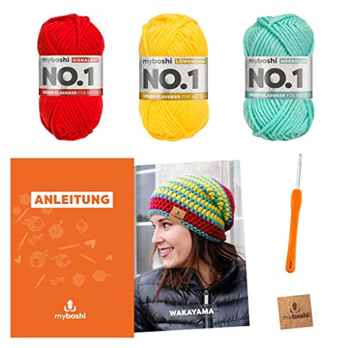 myboshi Häkelset Beanie Wakayama, Häkelset für Anfänger, inkl. No.1 Wolle, Nadel und Anleitung, Label, Häkelpaket für Anfänger, 30% Merinowolle Gelb mit Häkelnadel von myboshi