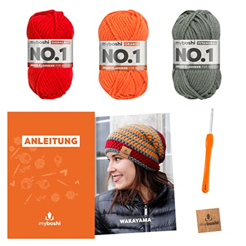 myboshi Häkelset Beanie Wakayama, Häkelset für Anfänger, inkl. No.1 Wolle, Nadel und Anleitung, Label, Häkelpaket für Anfänger, 30% Merinowolle Orange mit Häkelnadel von myboshi