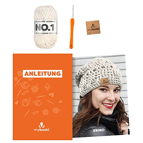 myboshi Häkelset Mütze Ebino, inkl. No.1 Wolle, Nadel und Anleitung, für Mützen und Schals, Häkelpaket, 30% Merinowolle Beige mit Häkelnadel von myboshi