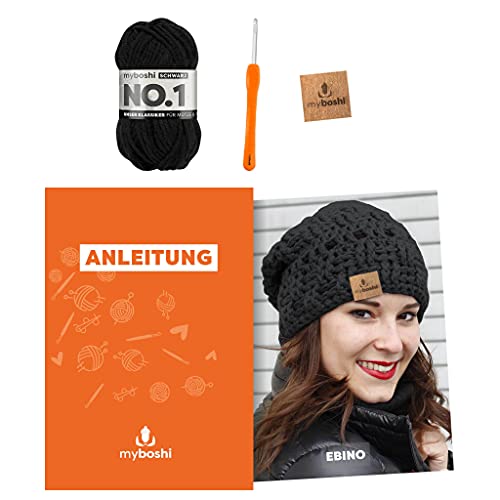 myboshi Häkelset Mütze Ebino, inkl. No.1 Wolle, Nadel und Anleitung, für Mützen und Schals, Häkelpaket, 30% Merinowolle Schwarz mit Häkelnadel von myboshi