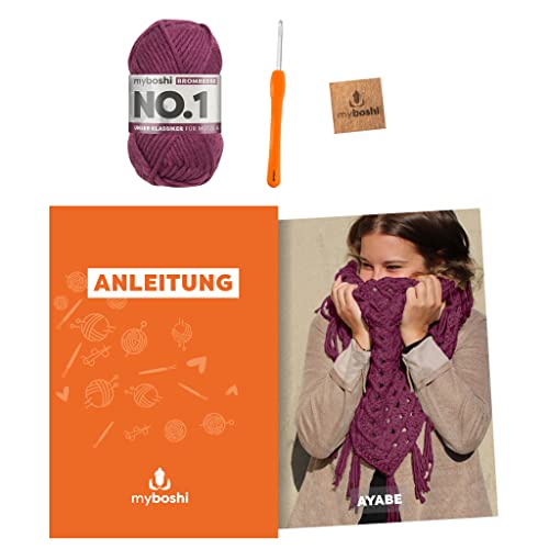 myboshi Häkelset Dreieckstuch Ayabe, inkl. No.1 Wolle, Nadel und Anleitung, Häkelpaket für Anfänger, 30% Merinowolle Brombeere mit Häkelnadel von myboshi