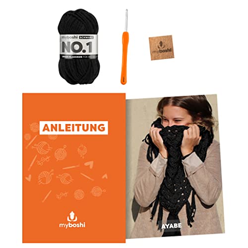 myboshi Häkelset Dreieckstuch Ayabe, inkl. No.1 Wolle, Nadel und Anleitung, Häkelpaket für Anfänger, 30% Merinowolle Schwarz mit Häkelnadel von myboshi