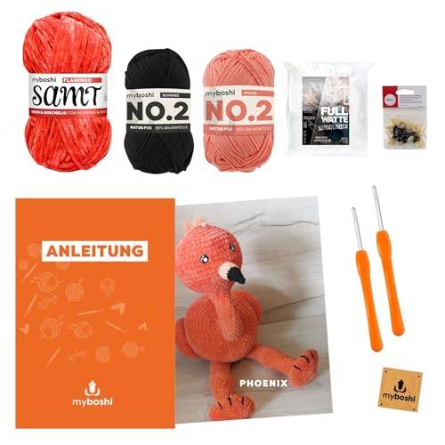 myboshi Häkelset Flamingo Phoenix, Amigurumi Set für Anfänger, inkl. Samt Garn, No.2 Wolle, Füllwatte, Sicherheitsaugen, Anleitung und Label, 100% Polyester, Orange mit Häkelnadel von myboshi