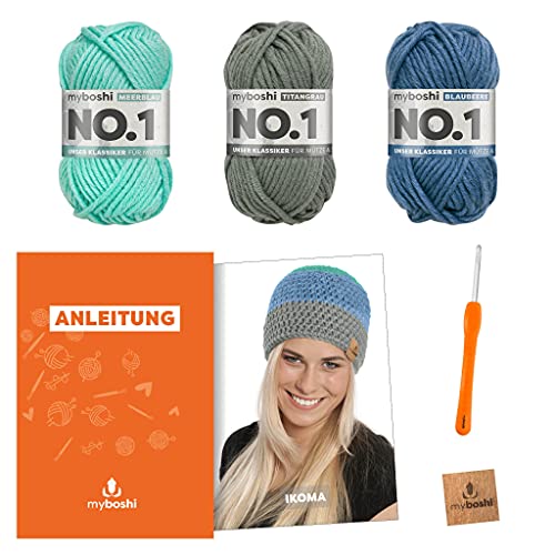 myboshi Häkelset Mütze Ikoma, inkl. No.1 Wolle, Nadel und Anleitung, Mützen-Häkelpaket, 30% Merinowolle Blau mit Häkelnadel von myboshi