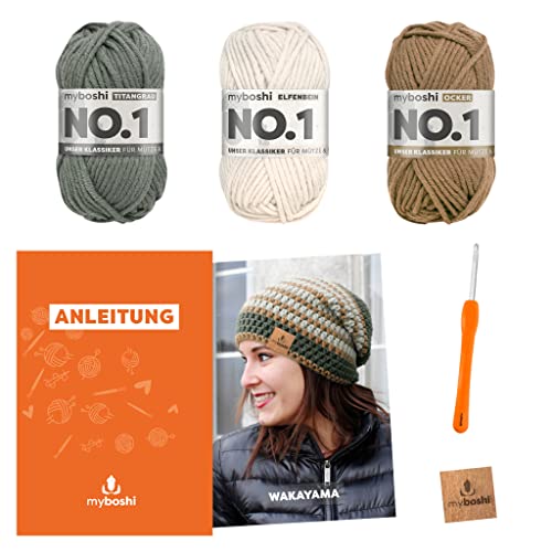 myboshi Häkelset Beanie Wakayama, Häkelset für Anfänger, inkl. No.1 Wolle, Nadel und Anleitung, Label, Häkelpaket für Anfänger, 30% Merinowolle Braun mit Häkelnadel von myboshi