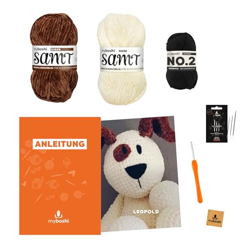 myboshi Häkelset Hund Leopold, Häkelset für Anfänger, inkl. Samt Chenille Garn, No.2 Wolle, Häkelnadel, Füllwatte, Wollnadeln, Anleitung, Label 100% Polyester, Beige mit Häkelnadel von myboshi