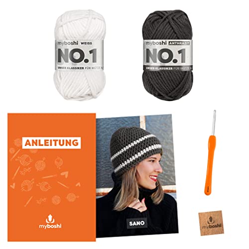 myboshi Häkelset Kindermütze Sano, inkl. No.1 Wolle, Nadel und Anleitung, original Label, Häkelpaket, 30% Merinowolle Schwarz, mit Häkelnadel myboshi Häkelset Kindermütze Sano, inkl. No.1 Wolle, Nadel und Anleitung, original Label, Häkelpaket, 30% Merinowolle Schwarz, mit Häkelnadel von myboshi