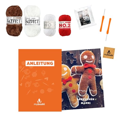 myboshi Häkelset Lebkuchen Manni, Amigurumi Set für Anfänger, inkl. Samt Garn, No.2 Wolle, Häkelnadel, Füllwatte, Anleitung, Label, 100% Polyester, Braun mit Häkelnadel von myboshi