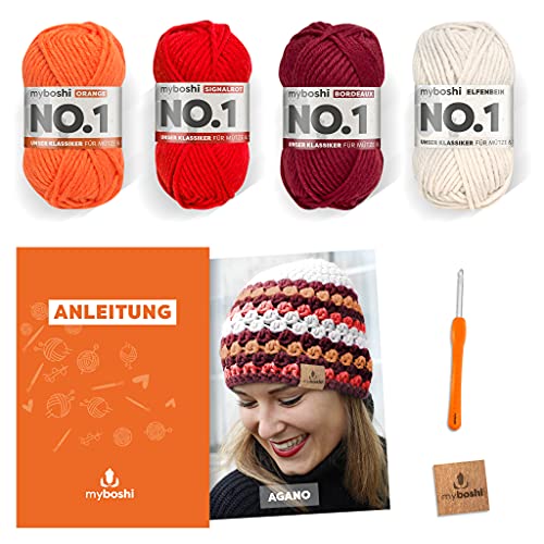 myboshi Häkelset Mütze Agano, inkl. No.1 Wolle, Nadel und Anleitung, für Mützen und Schals, Häkelpaket, 30% Merinowolle Rot, Orange mit Häkelnadel von myboshi