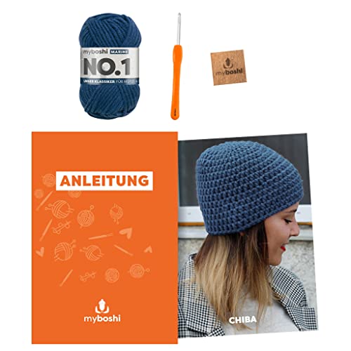 myboshi Häkelset Mütze Chiba, inkl. No.1 Wolle, Nadel und Anleitung, für Mützen und Schals, Häkelpaket, 30% Merinowolle Blau mit Häkelnadel von myboshi