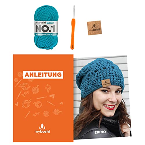 myboshi Häkelset Mütze Ebino, inkl. No.1 Wolle, Nadel und Anleitung, für Mützen und Schals, Häkelpaket, 30% Merinowolle Blau mit Häkelnadel von myboshi