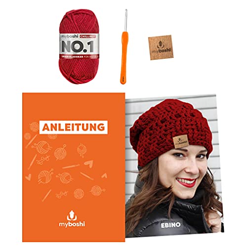 myboshi Häkelset Mütze Ebino, inkl. No.1 Wolle, Nadel und Anleitung, für Mützen und Schals, Häkelpaket, 30% Merinowolle Rot mit Häkelnadel von myboshi