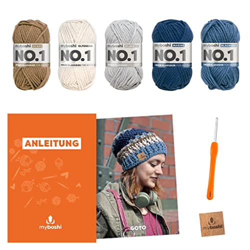 myboshi Häkelset Mütze Goto, inkl. No.1 Wolle, Nadel und Anleitung, für Mützen und Schals, Häkelpaket, 30% Merinowolle Blau mit Rundstricknadel von myboshi