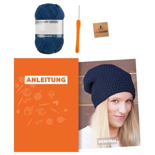 myboshi Häkelset Mütze Nemuro, Häkelset für Anfänger, inkl. No.1 Wolle, Häkelnadel und Anleitung, Label, Häkelpaket, 30% Wolle (Merinowolle), Blau mit Häkelnadel von myboshi