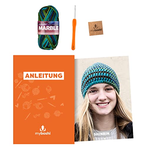 myboshi Häkelset Mütze Shinrin, inkl. Marble Wolle, Nadel und Anleitung, DIY-Paket, 30% Merinowolle Blau - Grace mit Häkelnadel von myboshi