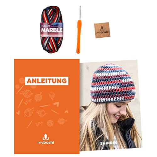 myboshi Häkelset Mütze Shinrin, inkl. Marble Wolle, Nadel und Anleitung, DIY-Paket, 30% Merinowolle Rot - Auris mit Häkelnadel von myboshi