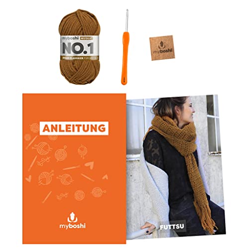 myboshi Häkelset Schal Futtsu, inkl. No.1 Wolle, Nadel und Anleitung, für Mützen und Schals, Häkelpaket, 30% Merinowolle Muskat mit Häkelnadel von myboshi