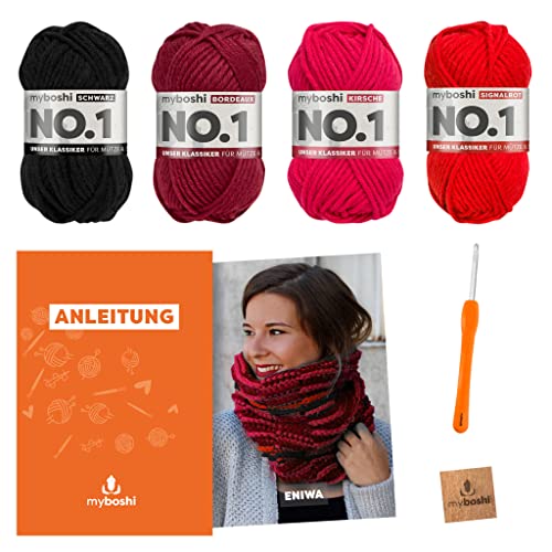 myboshi Häkelset Schlauchschal Eniwa, inkl. No.1 Wolle, Nadel und Anleitung, für Mützen und Schals, Häkelpaket, 30% Merinowolle Rot mit Häkelnadel von myboshi