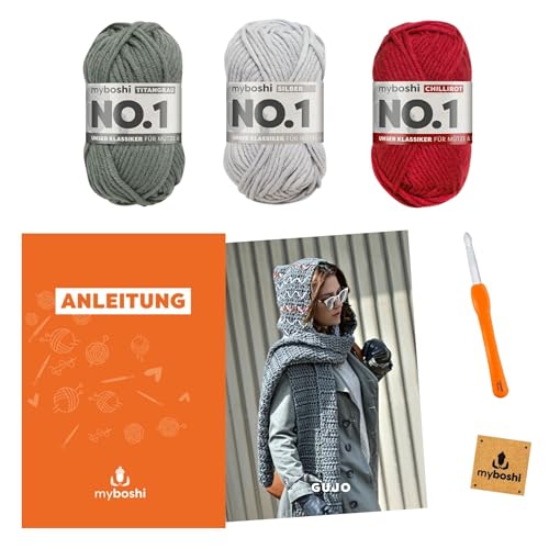 myboshi Häkelset Snood Gujo, Häkelset für Anfänger, inkl. No.1 Wolle, Häkelnadel, Anleitung und Label, 30% Merinowolle Grau mit Häkelnadel von myboshi