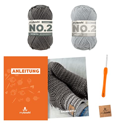 myboshi Häkelset Socken Shimanto, Häkelset für Anfänger, inkl. No.2 Wolle, Häkelnadel und Anleitung, Label, Häkelpaket, 85% Baumwolle, 15% Kapok Grau mit Häkelnadel von myboshi