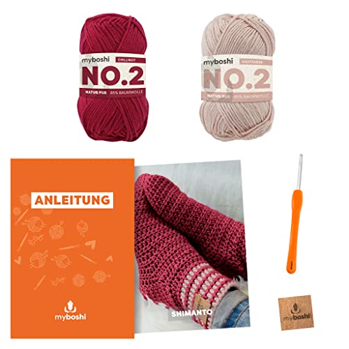 myboshi Häkelset Socken Shimanto, Häkelset für Anfänger, inkl. No.2 Wolle, Häkelnadel und Anleitung, Label, Häkelpaket, 85% Baumwolle, 15% Kapok Rot mit Häkelnadel von myboshi