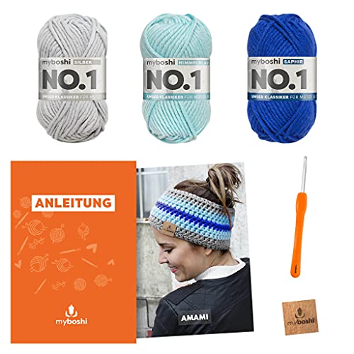 myboshi Häkelset Stirnband Amami, inkl. No.1 Wolle, Nadel und Anleitung, für Mützen und Stirnbänder, Häkelpaket, 30% Merinowolle Blau mit Häkelnadel von myboshi