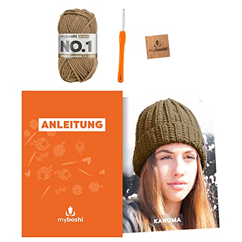 myboshi Häkelset Wintermütze Kanuma, inkl. No.1 Wolle, Nadel und Anleitung, Häkelpaket für Anfänger, 30% Merinowolle Braun mit Häkelnadel von myboshi