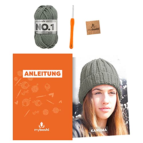 myboshi Häkelset Wintermütze Kanuma, inkl. No.1 Wolle, Nadel und Anleitung, Häkelpaket für Anfänger, 30% Merinowolle Titangrau mit Häkelnadel von myboshi