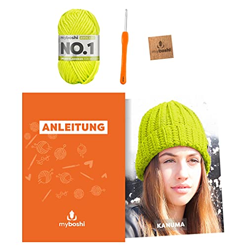 myboshi Häkelset Wintermütze Kanuma, inkl. No.1 Wolle, Nadel und Anleitung, Häkelpaket für Anfänger, 30% Merinowolle Grün mit Häkelnadel von myboshi