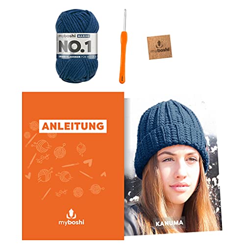 myboshi Häkelset Wintermütze Kanuma, inkl. No.1 Wolle, Nadel und Anleitung, Häkelpaket für Anfänger, 30% Merinowolle Marine mit Häkelnadel von myboshi