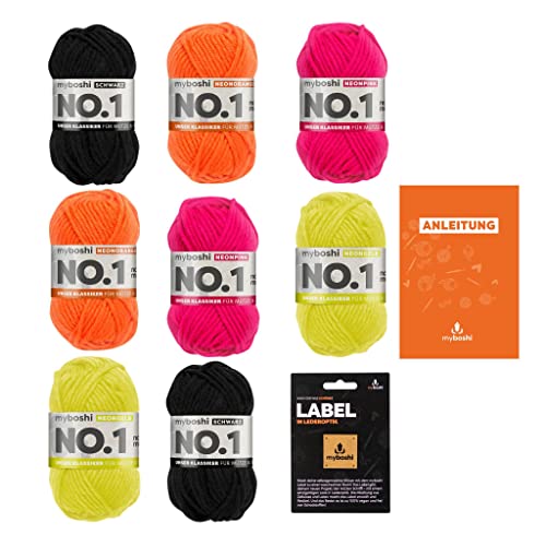 myboshi Jogger Wollpaket, Mulesing-freie No.1 Wolle mit Neonfarben, Häkelanleitung, Label, 8 Knäuel x 50g, Lauflänge 55m, strapazierfähig, filzfrei, Jogger 8 Knäuel von myboshi