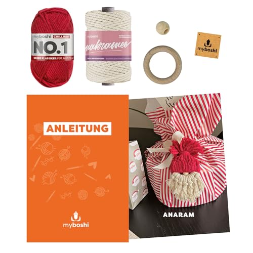 myboshi Makramee-Set Wichtel Anaram für Anfänger, Knüpfset für Anfänger, inkl. Makramee Kordel, No.1 Wolle, Holzringe, Anleitung, Label, 100% Baumwolle Rot mit Anleitung von myboshi