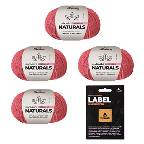 myboshi Naturals, 100% naturgefärbte Wolle (Merinowolle) mit Label, nachhaltig, weich und geschmeidig, perfekt für exklusive Oberbekleidung, 50g, Ll 150m Pink (Cocciniglia) 4 Knäuel von myboshi