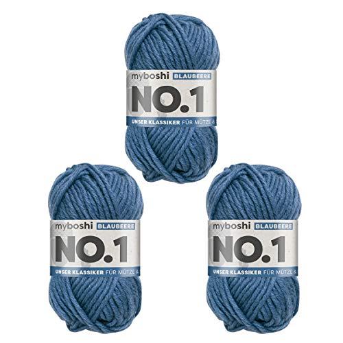 myboshi No.1-Wolle zum Häkeln und Stricken, Schnellstrickgarn, langlebige Mützenwolle, Mulesing-frei, 50g, Ll 55m Blau (Blaubeere) 3 Knäuel von myboshi