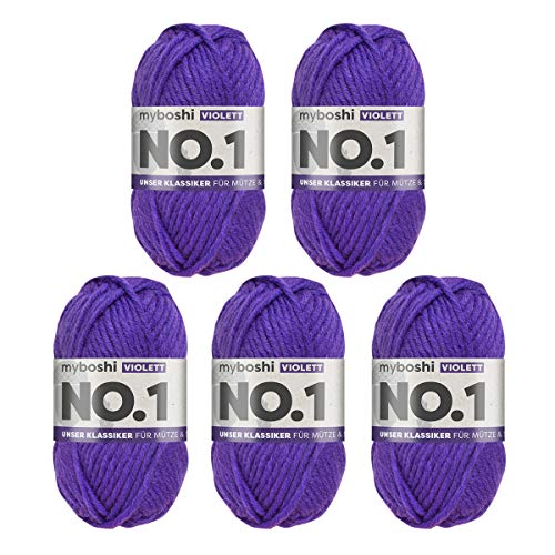 myboshi No.1-Wolle zum Häkeln und Stricken, Schnellstrickgarn, langlebige Mützenwolle, Mulesing-frei, 50g, Ll 55m Lila (Violett) 5 Knäuel von myboshi