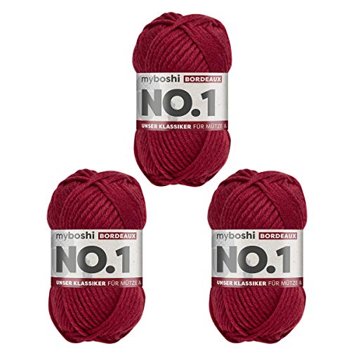 myboshi No.1-Wolle zum Häkeln und Stricken, Schnellstrickgarn, langlebige Mützenwolle, Mulesing-frei, 50g, Ll 55m Rot (Bordeaux) 3 Knäuel von myboshi