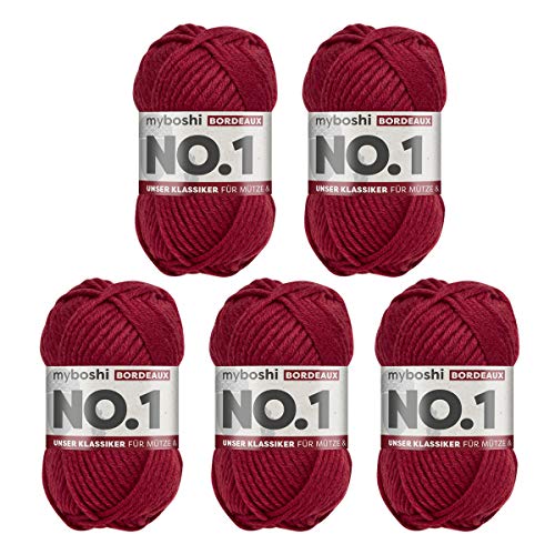 myboshi No.1-Wolle zum Häkeln und Stricken, Schnellstrickgarn, langlebige Mützenwolle, Mulesing-frei, 50g, Ll 55m Rot (Bordeaux) 5 Knäuel von myboshi