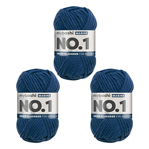 myboshi No.1 Wolle zum Häkeln und Stricken, Schnellstrickgarn, langlebige Mützenwolle, Strickwolle, Häkelwolle, mulesing-frei, 50g, Ll 55m Blau (Marine) 3 Knäuel von myboshi