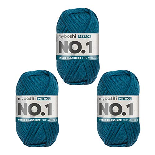 myboshi No.1 Wolle zum Häkeln und Stricken, Schnellstrickgarn, langlebige Mützenwolle, Strickwolle, Häkelwolle, mulesing-frei, 50g, Ll 55m Blau (Petrol) 3 Knäuel von myboshi