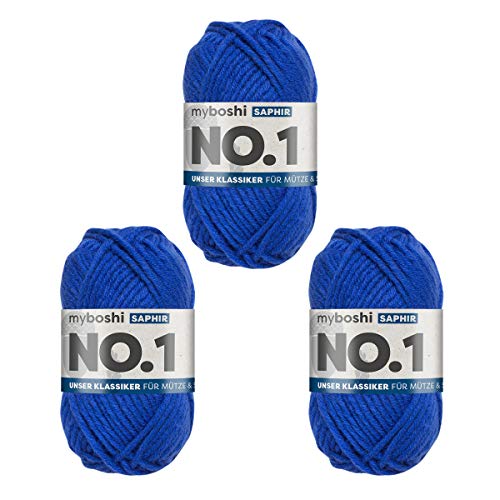 myboshi No.1 Wolle zum Häkeln und Stricken, Schnellstrickgarn, langlebige Mützenwolle, Strickwolle, Häkelwolle, mulesing-frei, 50g, Ll 55m Blau (Saphir) 3 Knäuel von myboshi